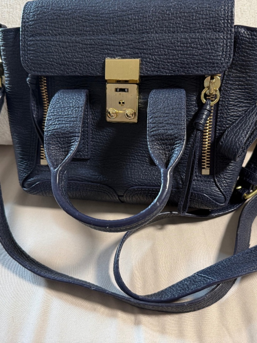 3.1 Phillip Lim Mini Pashli Navy Leather Satchel Gold Hardware